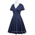 Hanna Nikole manga corta cuello en V azul marino más tamaño vestido de dama de honor swing verano HN0017-2